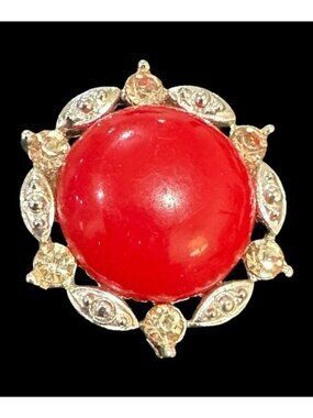 Vintage Brooch Round Wreath Red Orange Center Silver Tone Rhinestone Inlay Women